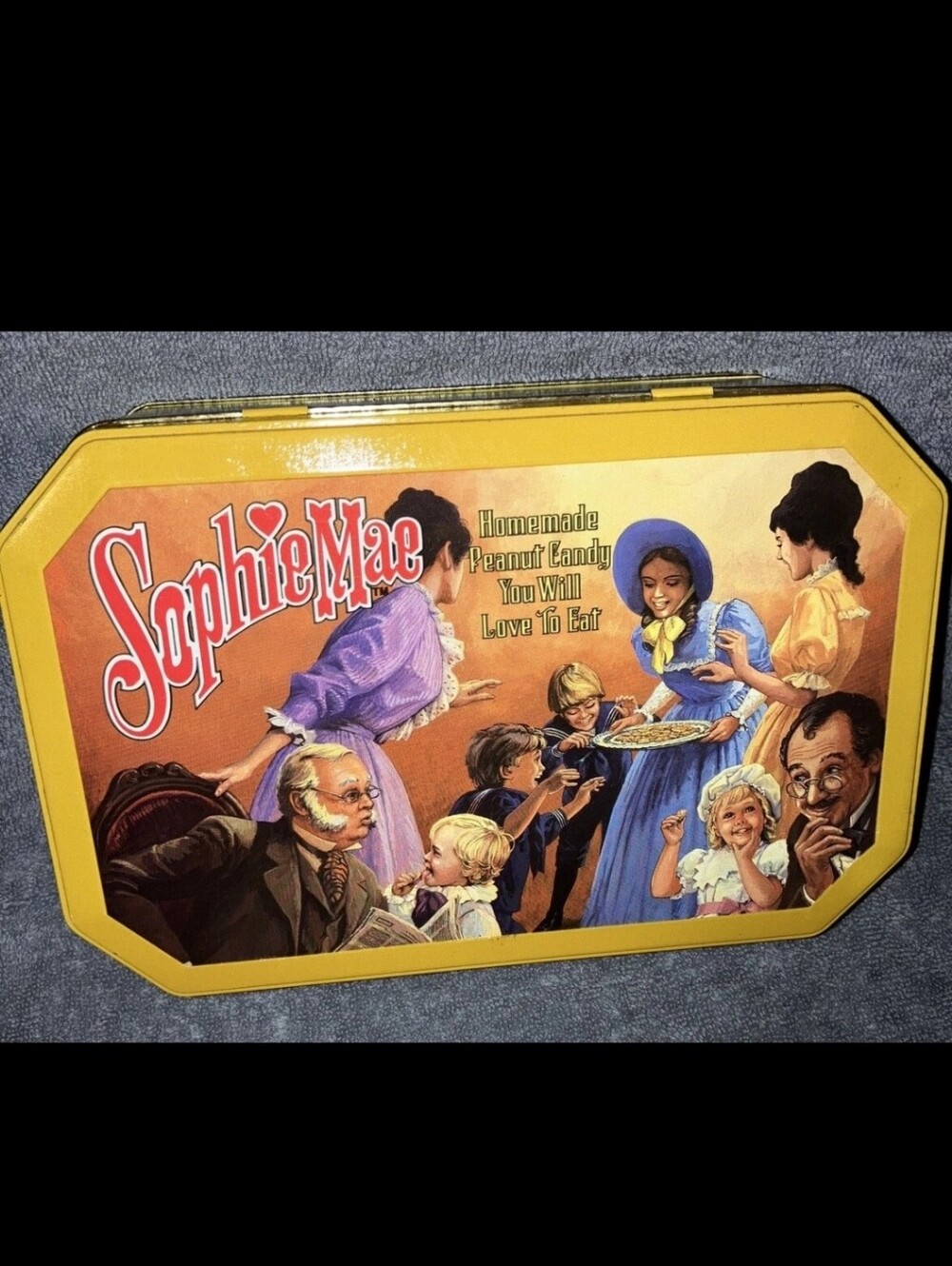 Sophie Max Yellow Vintage-Style Candy Tin with Illustrated Family Scene
